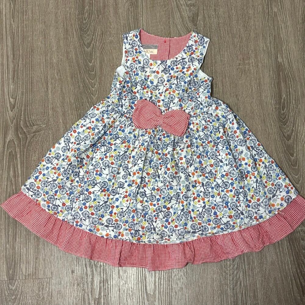 Pippa & Julie Bicycle Floral Dress Size 4 Whimsical Bike Print Gingham Bow​​